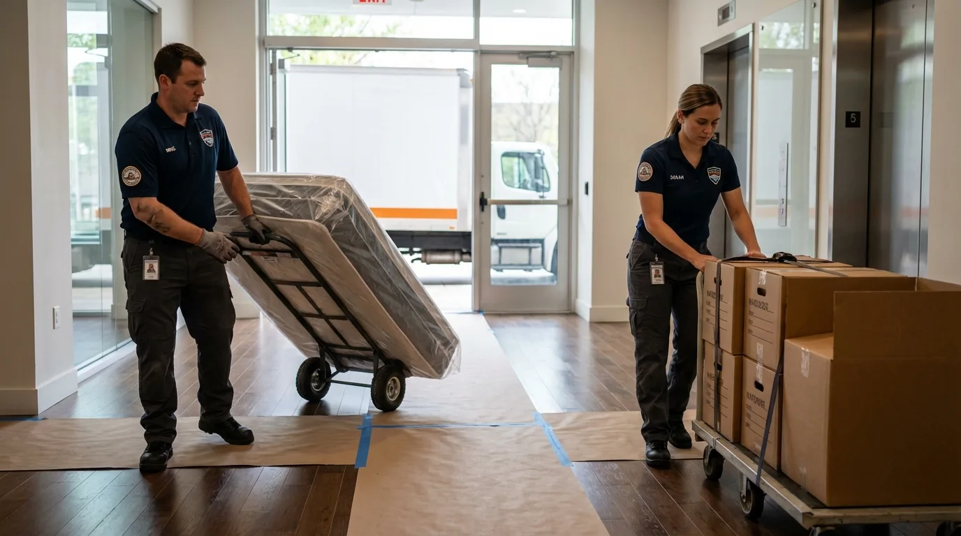Professional apartment movers loading elevator in Caryville, TN