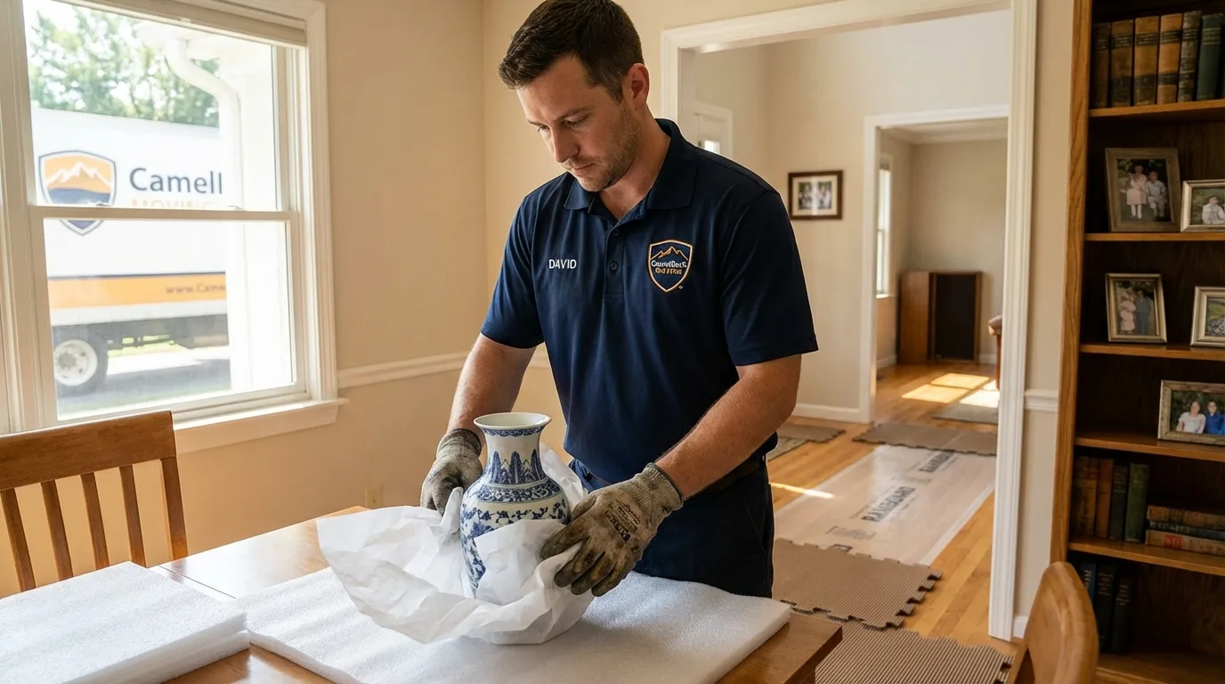 Professional crew carefully wrapping antique vase for senior downsizing move in Caryville, TN